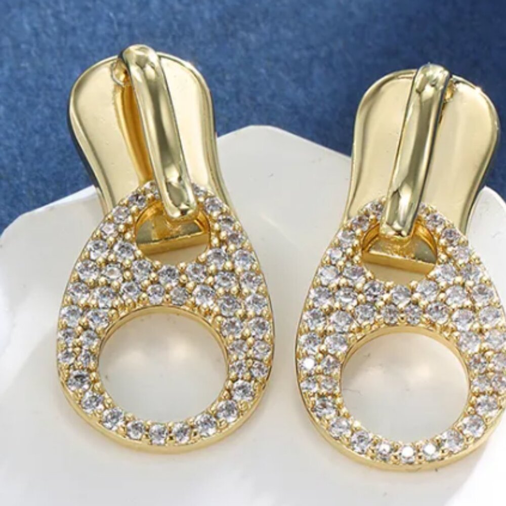 Gold Tone Zipper Stud Drop Earrings with Clear Crystals